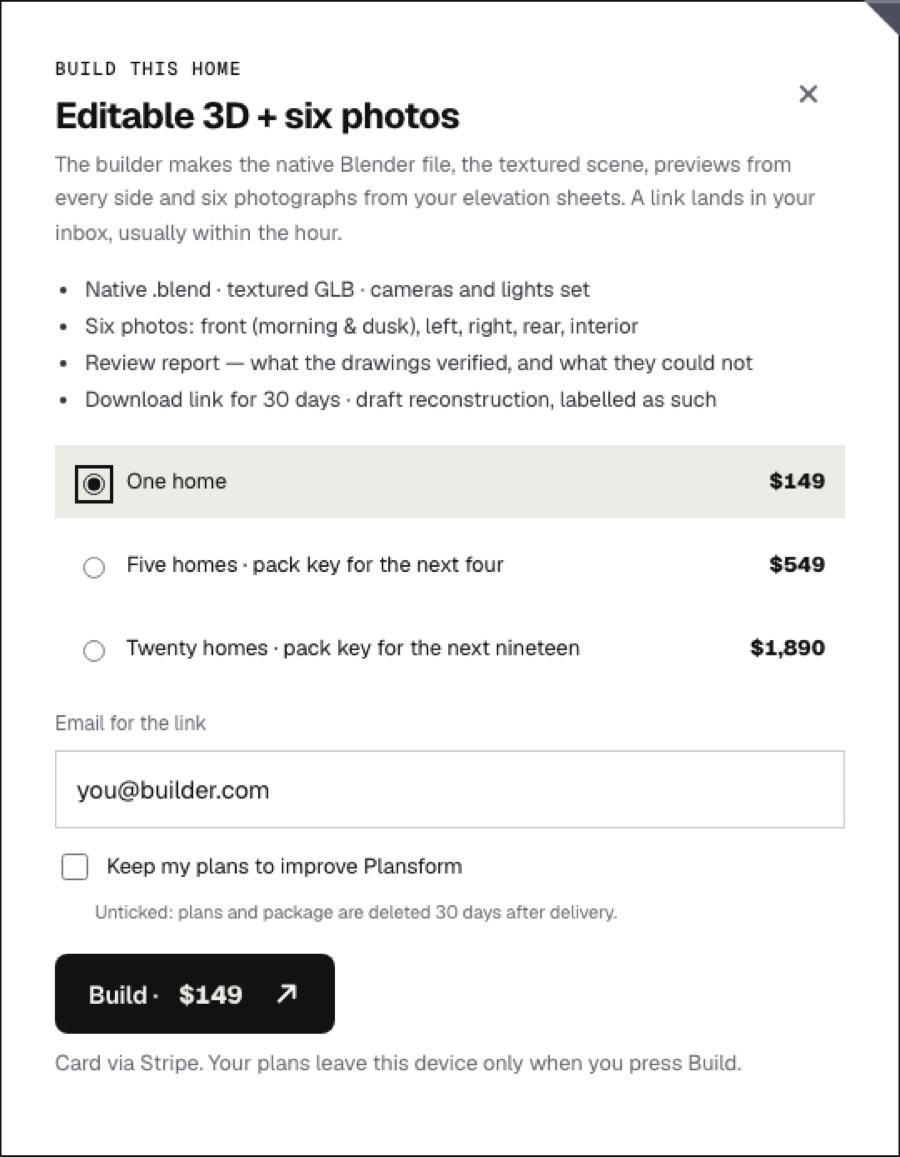 The Build dialog: one home $149, five $549, twenty $1,890, email, Build button