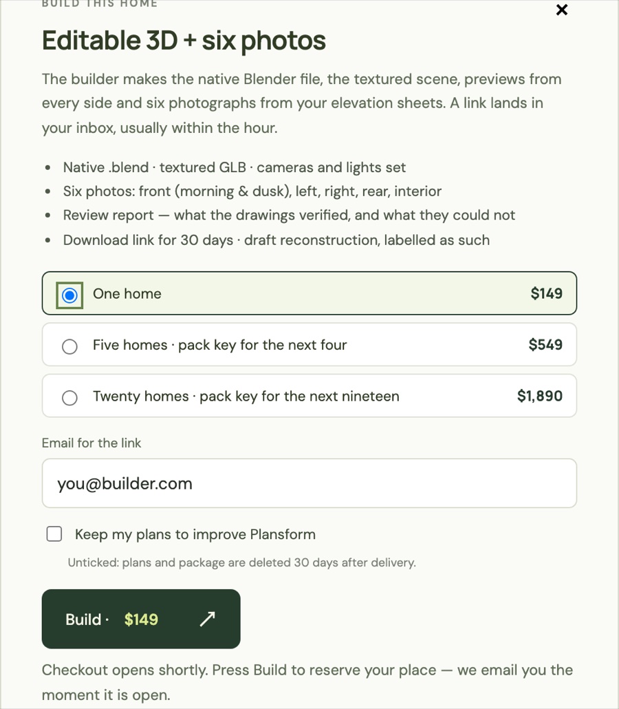 The Build dialog: one home $149, five $549, twenty $1,890, email, Build button
